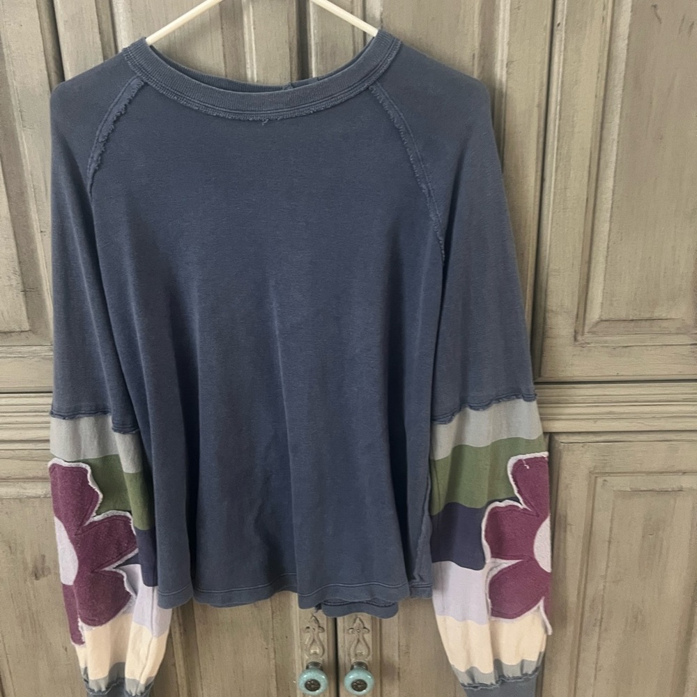 Free People Blue Top with Multicolor Floral Sleeves